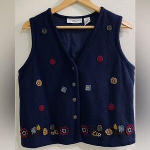 Victoria Jones Navy Floral Embellished Wool Vest Top Size Medium